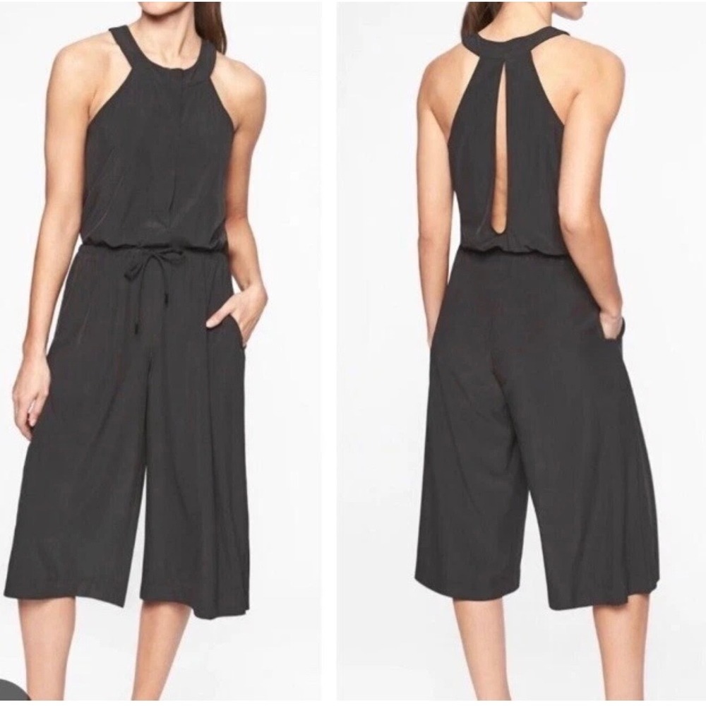 Athleta Womens Mercer Black Halter Wide Leg Jumpsuit Size 8 Drawstring Waist